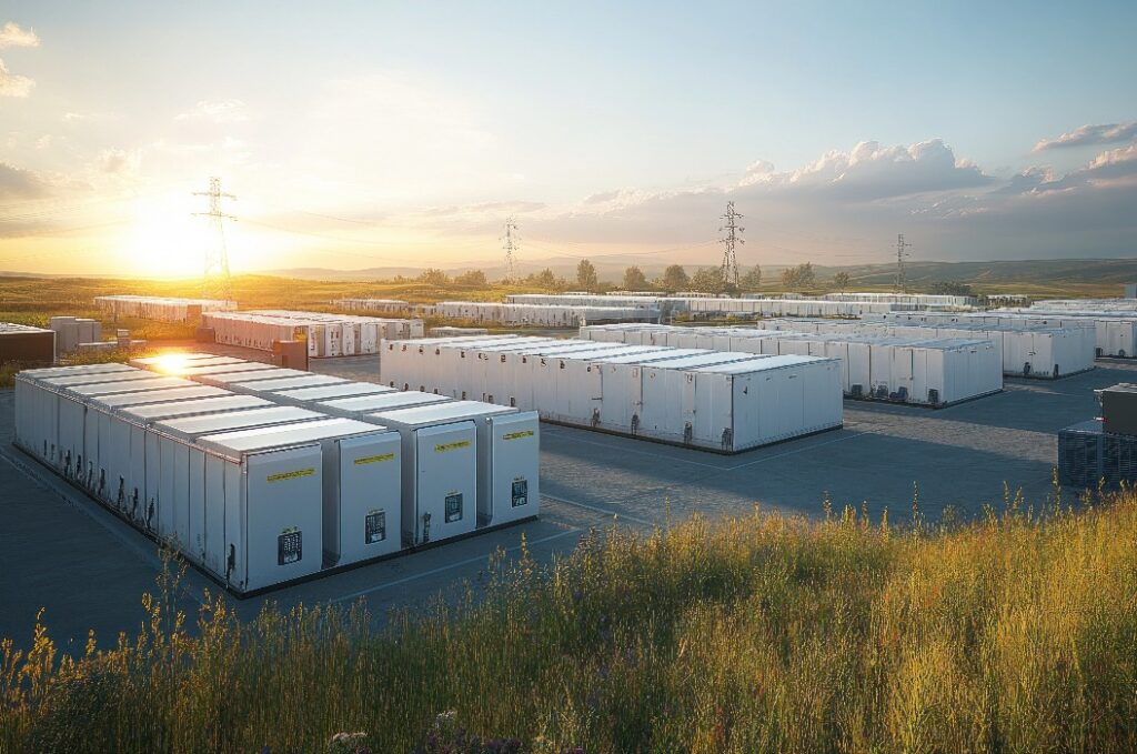 Ein großes Batteriespeichersystem mit untergehender Sonne im Hintergrund.